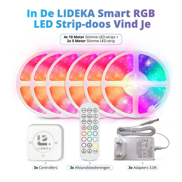 Lideka Slimme RGB LED Strip 50 Meter - Pakket Van 20 + 20 + 10 Meter - RGB - incl. App