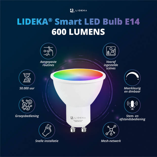 Lideka® - Slimme LED Smart Lampen - Spot GU10 - Set Van 2 - RGBW - Google, Alexa en Siri