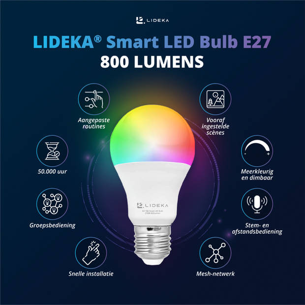 Lideka Slimme LED Smart Lampen - E27 - 9W - Set Van 6 - RGBW - Google, Alexa en Siri