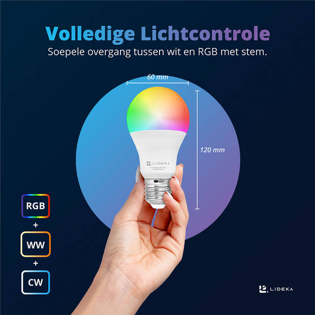 Lideka Slimme LED Smart Lampen - E27 - 9W - Set Van 3 - RGBW - Google, Alexa en Siri