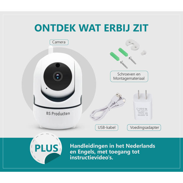 BS Producten Beveiligingscamera - Huisdiercamera - WiFi - Full HD - Beweeg en geluidsdetectie - Wit
