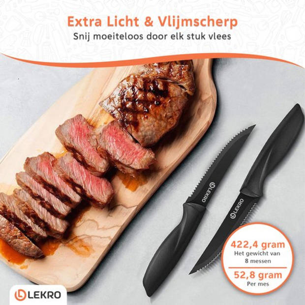 Lekro Steakmessen – 8-delige Steakmessenset – Vaatwasserbestendig - RVS - Zwart