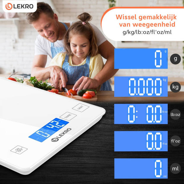 Lekro Digitale Keukenweegschaal – Weegschaal Keuken - 1gr tot 15kg - Wit