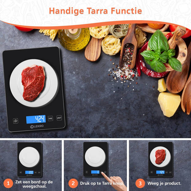 Lekro Digitale Keukenweegschaal – Weegschaal Keuken - 1gr tot 15kg - Zwart