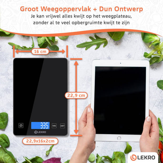 Lekro Digitale Keukenweegschaal – Weegschaal Keuken - USB Oplaadbaar - 1gr tot 15kg - Zwart
