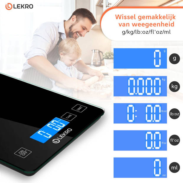 Lekro Digitale Keukenweegschaal – Weegschaal Keuken - USB Oplaadbaar - 1gr tot 15kg - Zwart