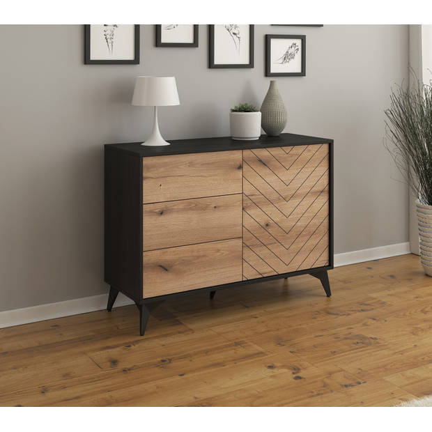 Meubella Dressoir Dolores - Eiken - Zwart - 104 cm - met lades