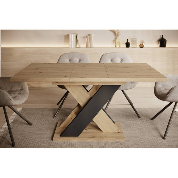 Meubella Eetkamertafel Xandra - Eiken - Zwart - 160 cm - Uitschuifbaar