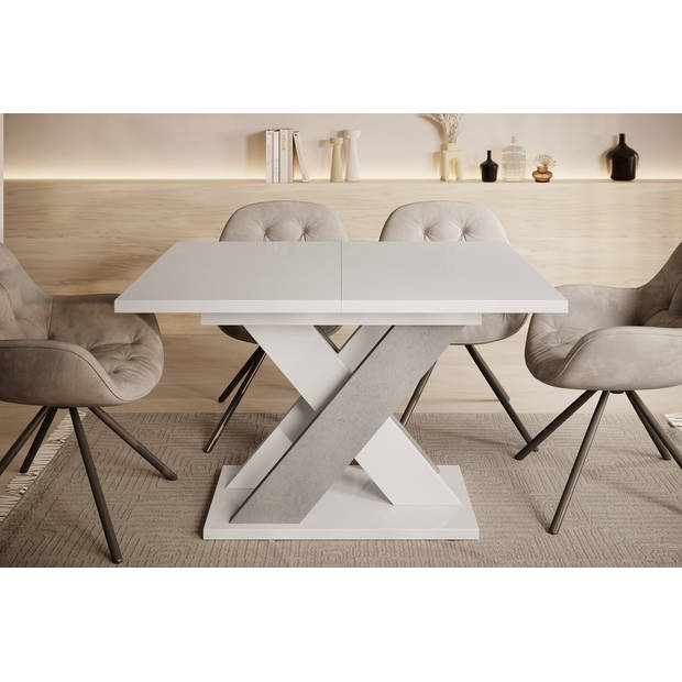 Meubella Eetkamertafel Xandra - Wit hoogglans - Betonlook - 160 cm - Uitschuifbaar