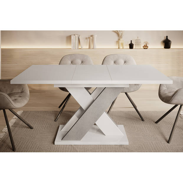 Meubella Eetkamertafel Xandra - Wit hoogglans - Betonlook - 160 cm - Uitschuifbaar