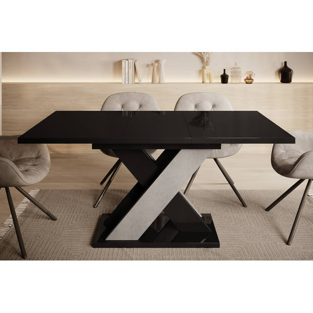 Meubella Eetkamertafel Xandra - Zwart hoogglans - Betonlook - 160 cm - Uitschuifbaar