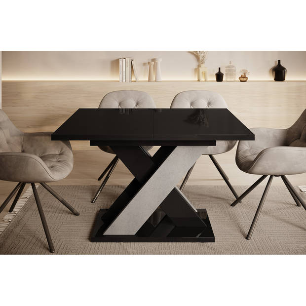 Meubella Eetkamertafel Xandra - Zwart hoogglans - Betonlook - 160 cm - Uitschuifbaar