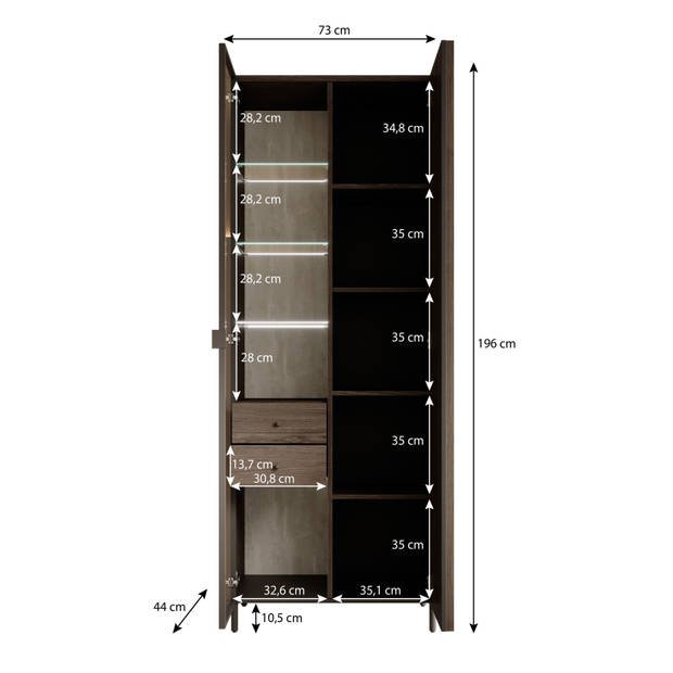 Meubella Vitrinekast Paz - Donkerbruin eiken - 73 cm