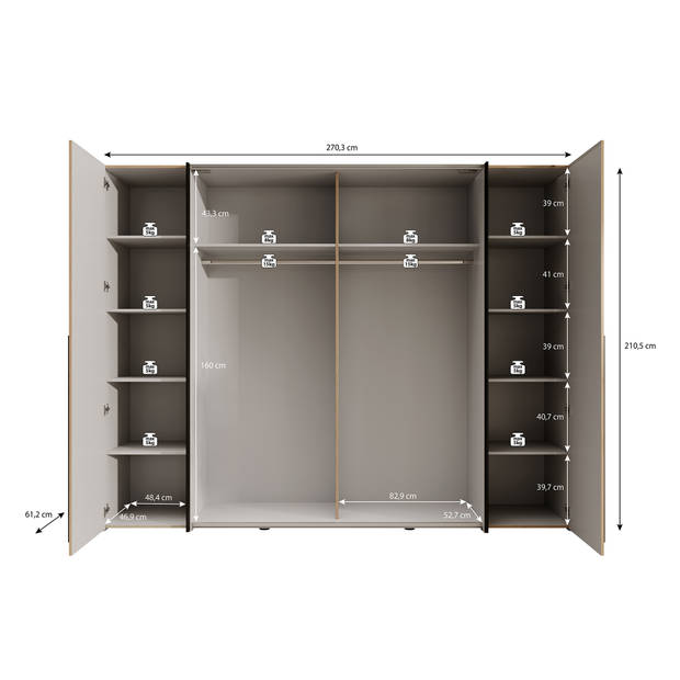 Meubella Kledingkast Nassau - Eiken - Grijs - 270 cm
