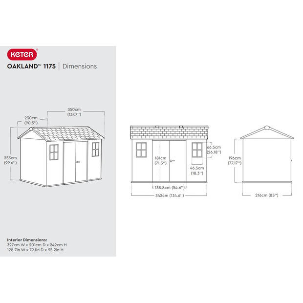 Keter Oakland 1175 Tuinhuis - 350x230x253cm - Grijs