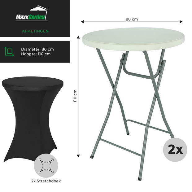 MaxxGarden Statafel - 2 stuks + cover - Receptie Klaptafel Incl. 2x zwarte Statafelrok - ø80 x 115cm - Wit