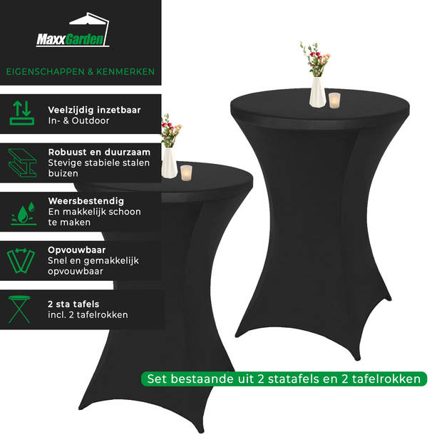 MaxxGarden Statafel - 2 stuks + cover - Receptie Klaptafel Incl. 2x zwarte Statafelrok - ø80 x 115cm - Wit