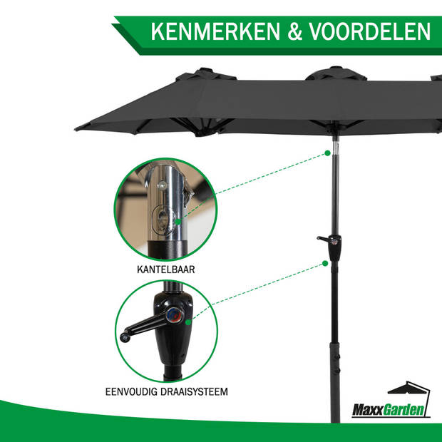 MaxxGarden Parasol - Stokparasol xxl - Dubbel model - 460 x 270cm - Antraciet