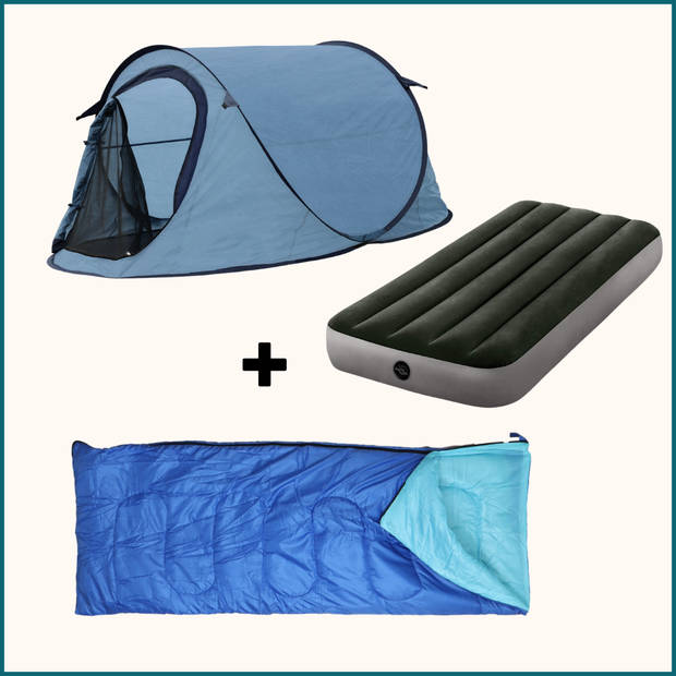 HIXA Pop-Up Tent - 1 Persoons - Blauw - Met Tentharingen - en Slaapzak - en Luchtbed - 220x120x95cm - Kamperen