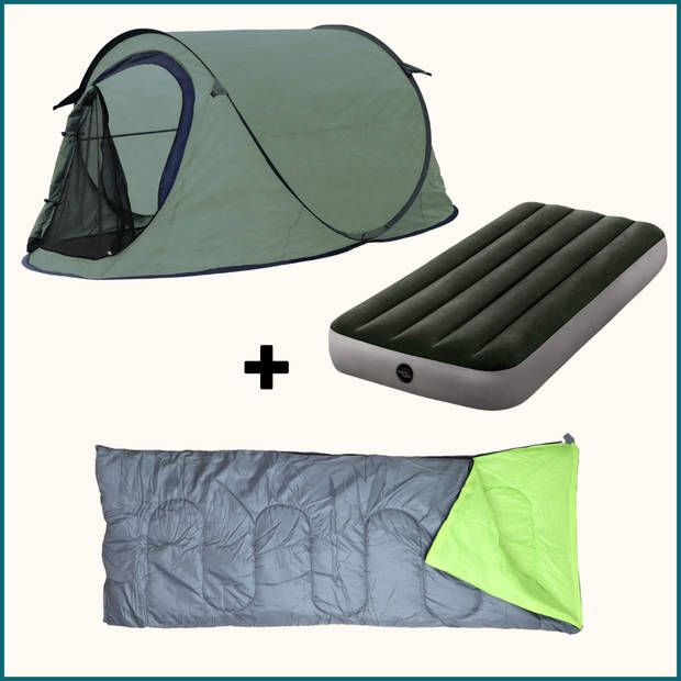 HIXA Pop-Up Tent - Groen - 1 persoons - festival - Met Tentharingen - en Slaapzak - en Luchtbed - 220x120x95cm