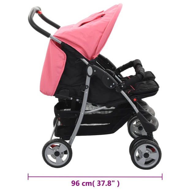 vidaXL Tweelingkinderwagen staal roze en zwart