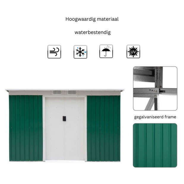 Tuinkast- Opbergkasten met deuren - Tuinhuis - Tuinschuur - Schuur voor gereedschap - Donkergroen - 280 x 130 x 172 cm