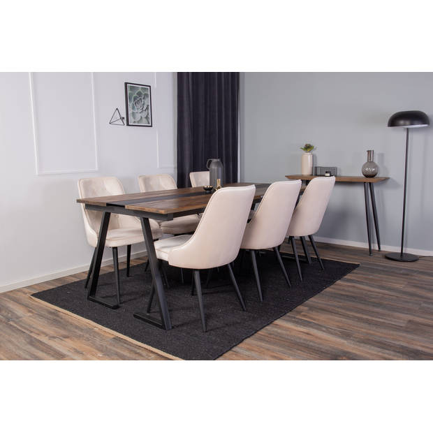 Jakarta eethoek eetkamertafel teakhout en 6 Velvet Deluxe eetkamerstal velours beige, zwart.