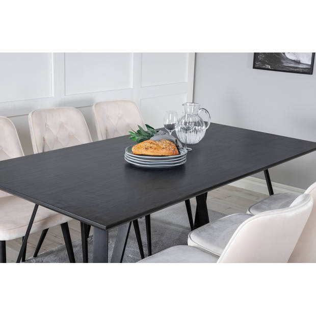 MarinaBLBL eethoek eetkamertafel zwart en 6 Velvet Deluxe eetkamerstal velours beige, zwart.