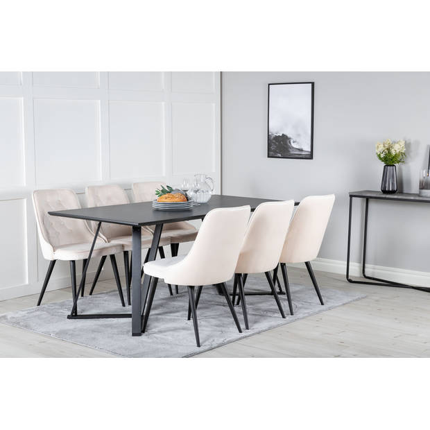 MarinaBLBL eethoek eetkamertafel zwart en 6 Velvet Deluxe eetkamerstal velours beige, zwart.