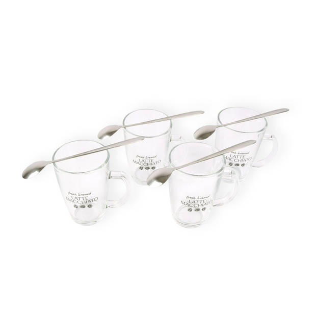 Beautiful Latte Macchiato Set with Glasses and Cups - Contents - 4 spoons - 4 glasses - Transparent Glass - 4x300ML -