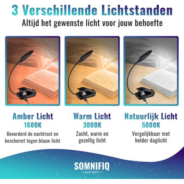 Somnifiq LED Leeslampje met Klem – voor Boek - Amber licht - 360°C Flexibele Nek - USB Oplaadbaar