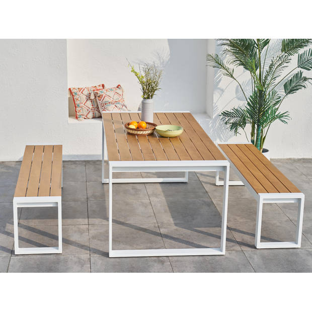 AXI Tony Tuinset met 2 losse Banken in Wit met Teak-look Polywood Tuintafel / Picknicktafel van Aluminium