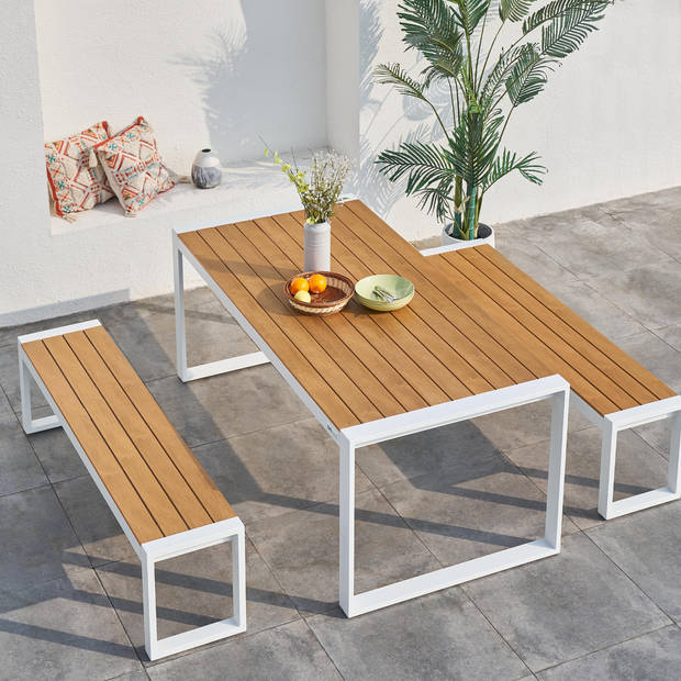 AXI Tony Tuinset met 2 losse Banken in Wit met Teak-look Polywood Tuintafel / Picknicktafel van Aluminium