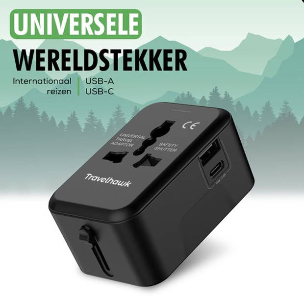 TravelHawk Universele Wereldstekker met USB-C en USB Poort - Reisstekker - Internationale Reisstekker voor 150+ landen -