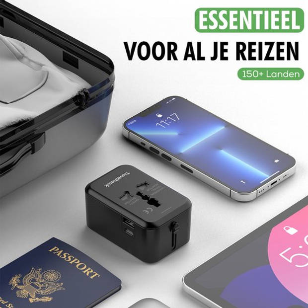 TravelHawk Universele Wereldstekker met USB-C en USB Poort - Reisstekker - Internationale Reisstekker voor 150+ landen -