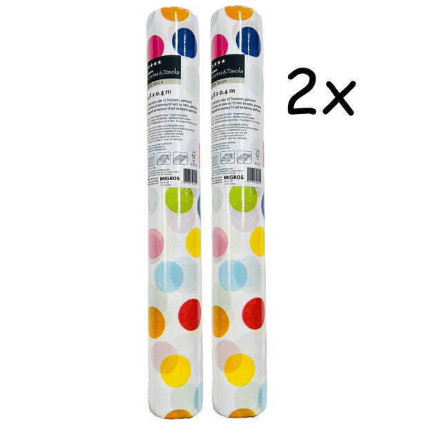 3-IN-1 ROL Tafelloper en Placemats Airlaid - Gekleurde Stippen - 40 x 480 cm - 2 Rollen