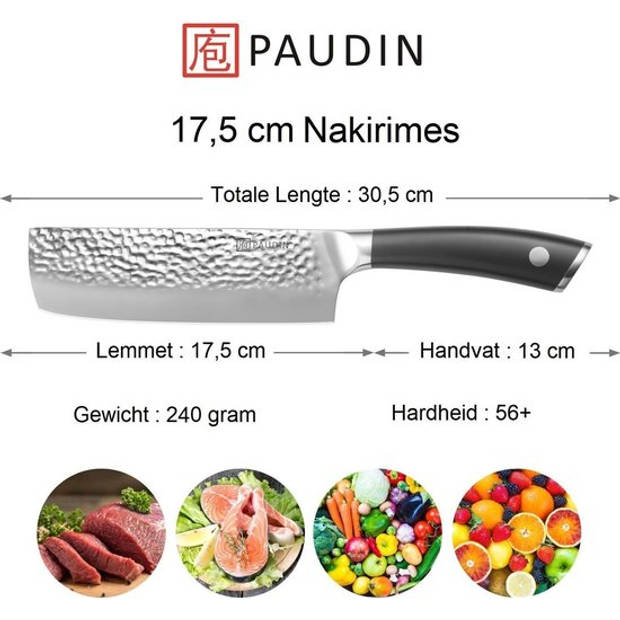 Paudin HP4 Professioneel RVS Japans Nakiri Mes - 17,5 cm - Gehamerd Keukenmes - Hoogwaardig Roestvast Duits Carbonstaal