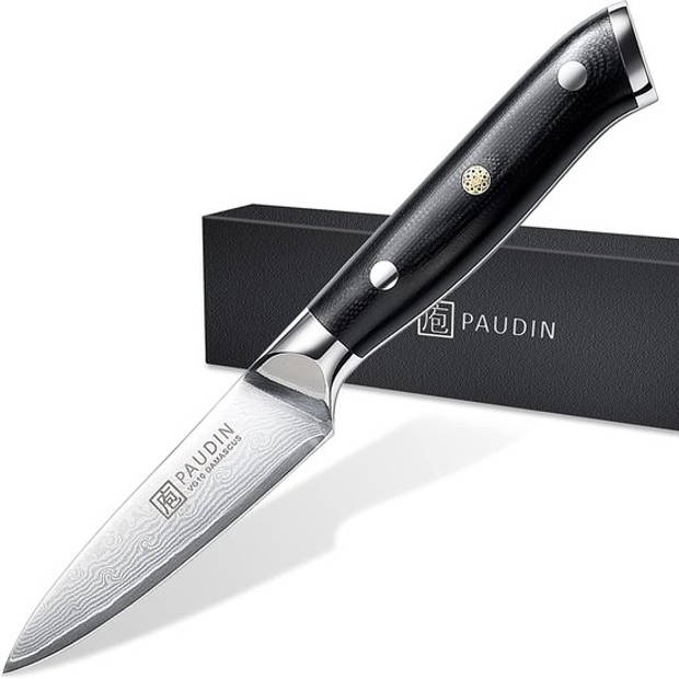 Paudin C7 Professioneel Groentemes 9 cm - Japans mes - Schilmes - Echt Damascus Mes - Zwart Ergonomisch Handvat