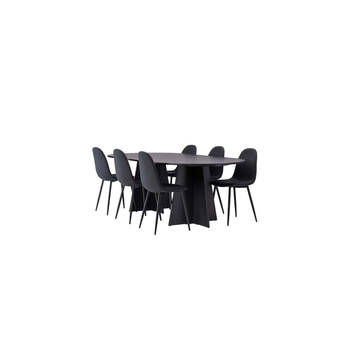 Bootcut eethoek tafel zwart en 6 Polar stoelen zwart.