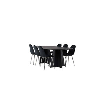 Bootcut eethoek tafel zwart en 6 Polar stoelen zwart.