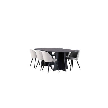 Bootcut eethoek tafel zwart en 6 Velvet stoelen grijs.