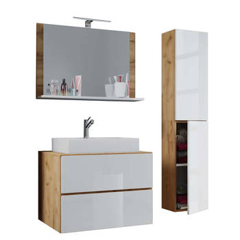 LendasL badkamer 60 cm, spiegel, honing eik decor,wit.