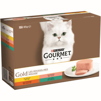 Gourmet - Gold mousse met kip, met zalm, met niertjes, met konijn 12x85g kattenvoer