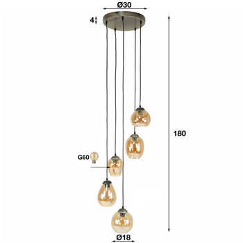 Hoyz - Hanglamp 5L Mix - Getrapt mix - Amberkleurig glas