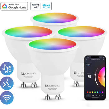 Lideka® - Slimme LED Smart Lampen - Spot GU10 - Set Van 4 - RGBW - Google, Alexa en Siri