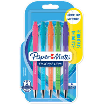 Paper Mate balpen Flexgrip Ultra RT Brights, medium, blauwe inkt, blister van 5 stuks, assorti