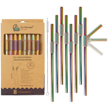 Turtleneck - Rietje Buigbaar Roestvrijstaal 22cm Set van 8 Stuks + Schoonmaakborstel - Roestvast Staal - Multicolor