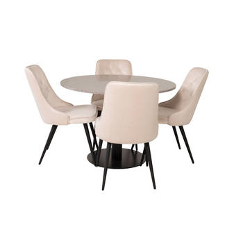 RazziaGR eethoek eetkamertafel terazzo grijs en 4 Velvet Deluxe eetkamerstal velours beige, zwart.