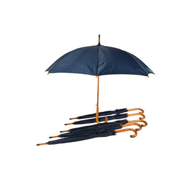 6x Stevige Automatische Paraplu - Navy Blauw - Houten Stok en Handvat - Polyester en Aluminium Materiaal – 89x98cm