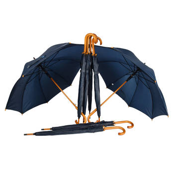 Pak van 8 Stevige Automatische Paraplu's - Marineblauw - Houten Stok en Handvat - Polyester en Aluminium - 89x98cm